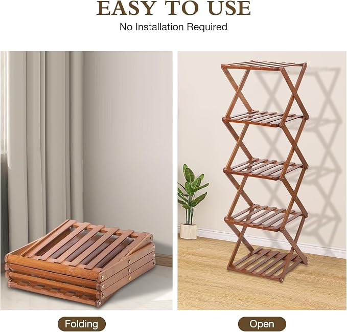 Bamboo Shoe Rack 5 Tier Foldable Shoe Rack for Entryway | Narrow Vertical Shoe Organizer Free Standing Shelf, Multifunctional Slim Storage for Bedrooms Living Room Corner