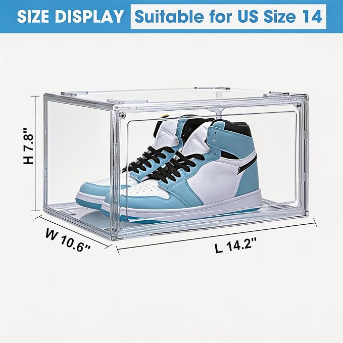 HIYOHIYO 2-Pack Stackable Clear Shoe Boxes Organizer, Fit up to US Size 14 | With Magnetic Door, Sturdy Shoe Box Storage, Easy Assembly Transparent Display Case, For Sneaker, Ankle Boots, High Heels