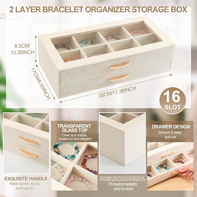 Yookeer 16 Grids Bracelet Box with Clear Top 2 Layer PU leather Bracelet Holder Case Bracelets Storage Holder Display Box jewelry organizer with Drawer for Women Bangles Watch Earring Storage gifts
