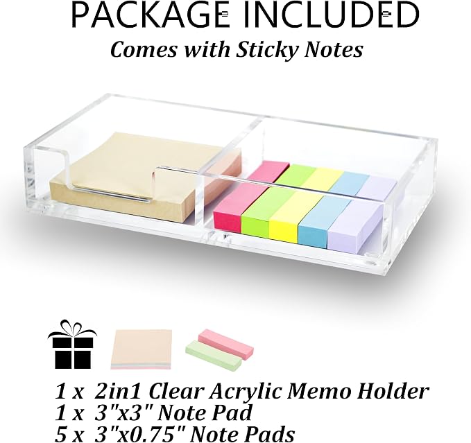 2in1 Clear Sticky Notes Holder Memo Dispenser Desk Organizer | Transparent acrylic material, Dual-slot separated storage, Smooth, scratch-resistant & durable,Stable base anti-slip