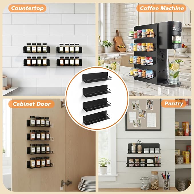 RECAPS Spice Rack Wall Mount 4 Pack, Black Metal | Space-Saving Spice Organizer, Adhesive Hanging Spice Rack, Seasoning Organizer for Wall Kitchen, Cabinet or Pantry Door