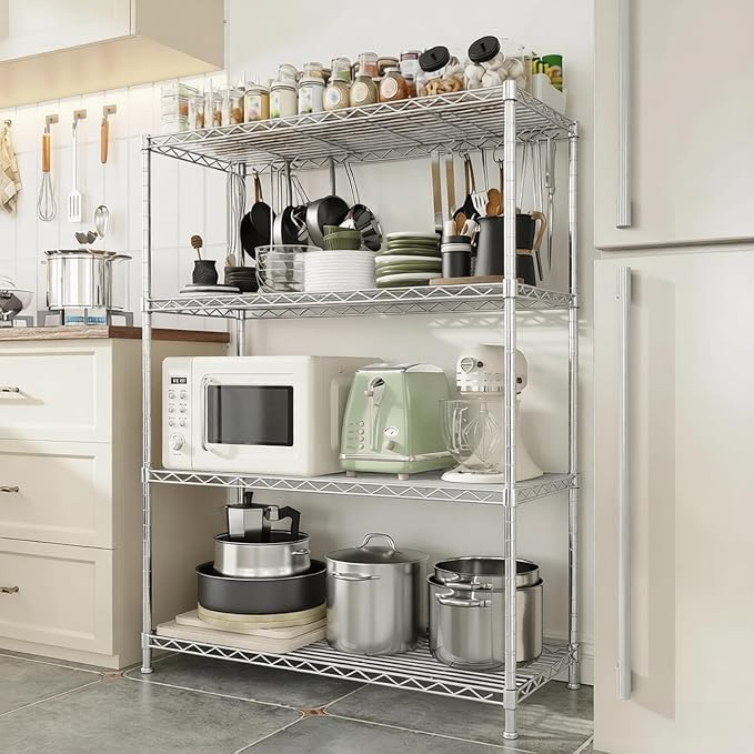 Xcity Storage Shelves, 4 Tier Heavy Duty Metal Shelving Unit with Wheels, 1600 LBS Adjustable Steel Wire Shelf for Commercial, Pantry, Kitchen, Garage, 18" D x 36" W x 60" H, Chrome