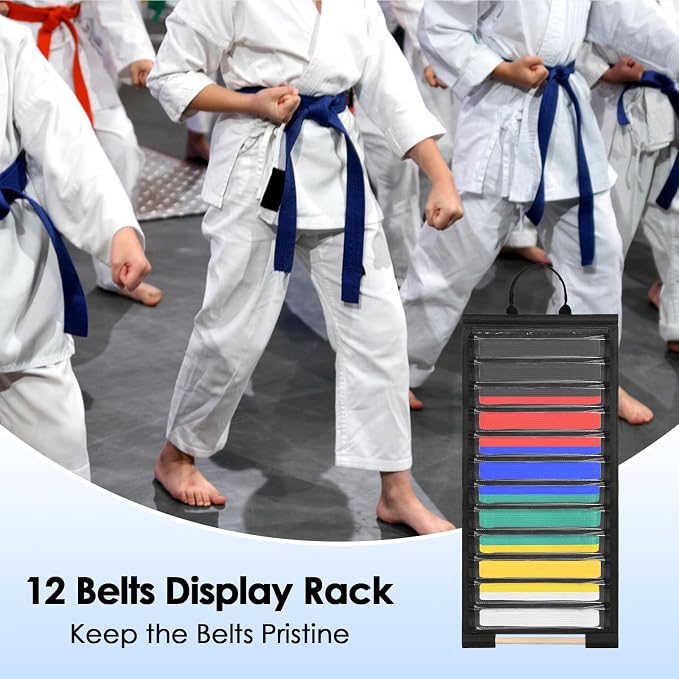 Wall Hanging Belts Display Rack for 12 Belts, Dust-Free Martial Arts Organizer with Bamboo Medal Hanging Bar, Lightweight Jiu Jitsu Belt Hanging Holder for BJJ, Martial Arts Learners