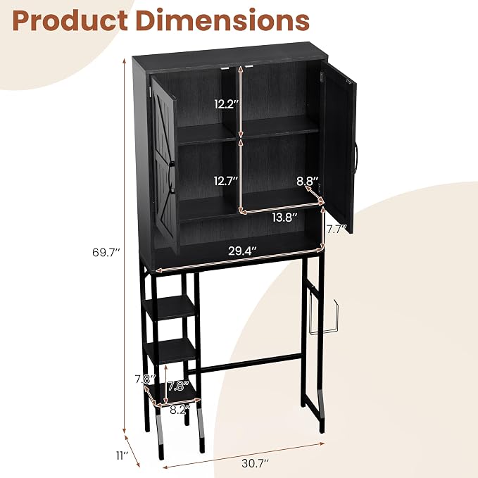 31" Over The Toilet Storage Cabinet with Barn Door,Bathroom Organizers and Storage with Adjustable Shelves, Farmhouse Over Toilet Organizer for Bathroom,Restroom,Laundry,Black