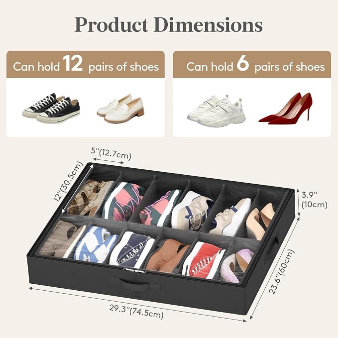 Lifewit 2-Pack Under Bed Shoe Storage Box, 4.3 Inch Slim Low Profile Fabric Organizer Holds 24 Pairs with Clear Cover, 29.3 x 23.6 x 3.9 in, Black