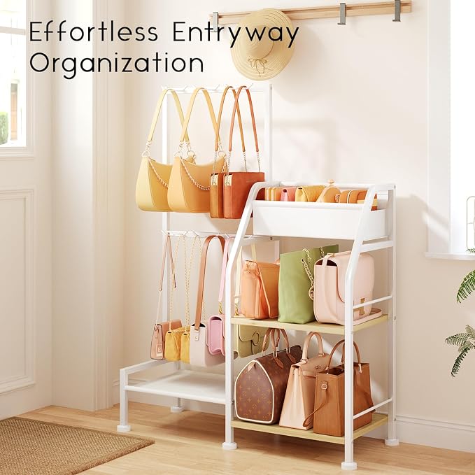 Homsorout Purse Organizer for Women - 3-Tier Storage Stand & 12 Fixed Hooks, Visible Backpack Storage, Space-Saving Bag Organizer Rack for Home, Closet, White
