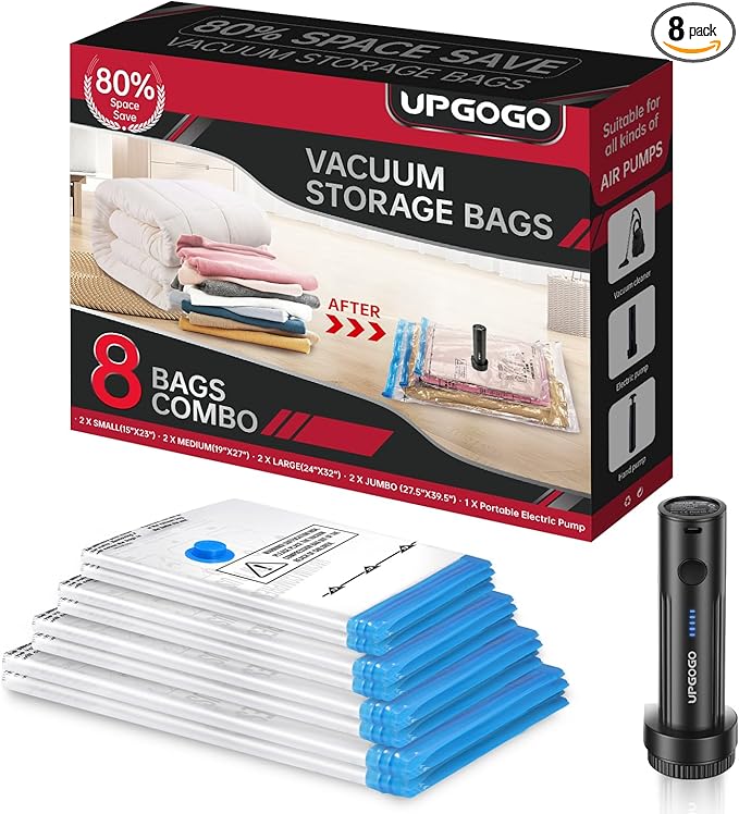UPGOGO Vacuum Storage Bags with Portable Electric Pump,Vacuum Seal Bags for Clothing,Space Saver Bags,Vacuum Travel Bags for Luggage(Combo 8 Pack)