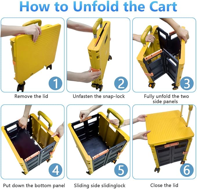 FELICON SELORSS Foldable Utility Cart Folding Portable Rolling Crate Handcart with Durable Heavy Duty Plastic Telescoping Handle Collapsible 4 Rotate Wheels for Travel Shop Move Luggage Office(Yellow)