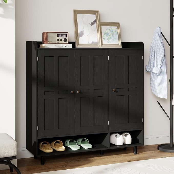 Shoe Cabinet with 3 Doors and Adjustable Shelves, Large Shoe Storage Cabinet for 24–30 Pairs, Modern Farmhouse Shoe Organizer with Open Bottom Shelf for Entryway, Living Room, Black