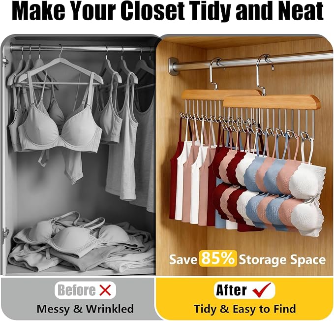 Bra Hangers for Closet Organizer with 16 Metal Hooks Belt Hanger for Closets Space Saving Multi Hook Hanger Non-Slip Tank Top Hanger 360°Rotating Display Belt Organizer for Tie, Hat, Bra Wooden 3 Pack