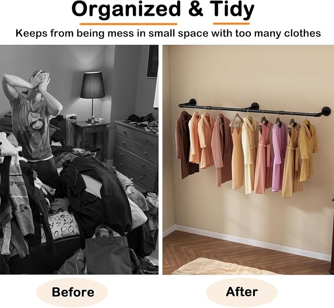 Wall Mounted Clothes Rack 60in, Industrial Pipe Clothing Racks Wall Mount, Heavy Duty Detachable Iron Garment Bar, Saving Space, Multi-Purpose Hanging Rod for Bedroom, Laundry Room, 2 Packs