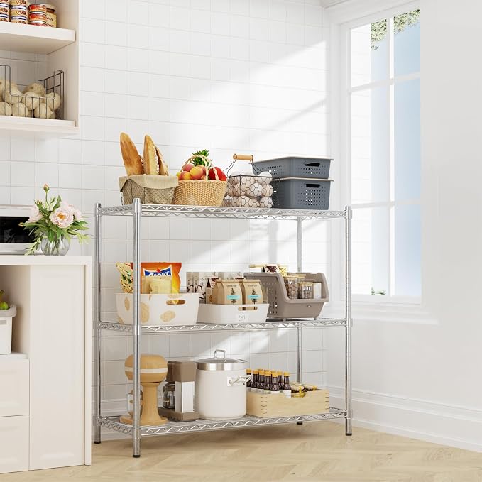 ROOMTEC 3-Tier Wire Shelving Unit,45" W*20" D*47" H,Max Load 1200 lbs | Small Garage Shelves,Adjustable Storage Rack, Metal Shelf for Kitchen, Pantry, Laundry Room, Basement