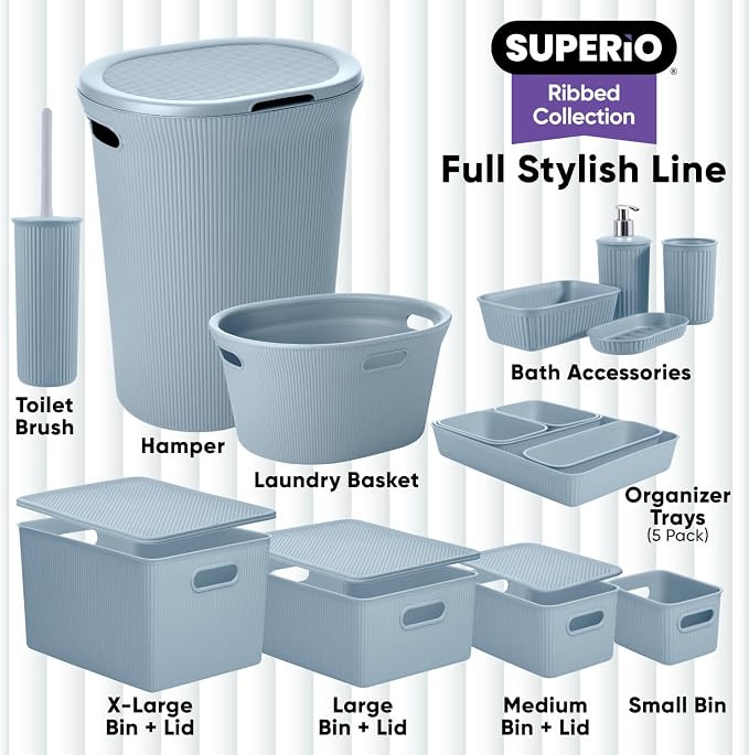 Decorative Plastic Basket Lidded Home Storage Bins Organizer Baskets, Medium Blue (1 Pack - 5 Liter) Stackable Container Box, for Organizing Closet Storage Bins for Shelves - Ribbed Collection