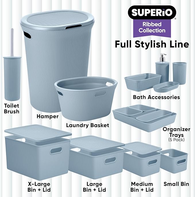 Decorative Plastic Basket Open Home Storage Bins Organizer Baskets, Blue (Set of 3) 1 Medium, 2 Small - Container Boxes for Organizing Closet Storage Bins for Shelves Drawer Shelf - Ribbed Collection
