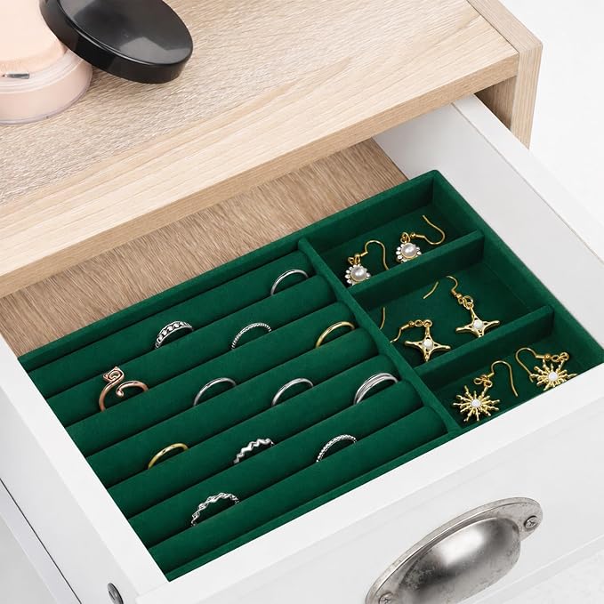 Jewelry Box Insert Organizer for Drawer Stackable Velvet Trays 8.3 x 4.9in | Jewelry Drawer Inserts, Ring Earring Stud Necklace Holder Display Storage Case(Green)