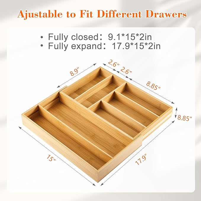 Briwooody Bamboo Sliding Desk Drawer Organizer 9'' up to 18'' x 15'' x 2'' Expandable Office Desk Accessories Supplies Tray with 7 Compartments for Pens, Notebooks, Rulers, and Makeup Jewelry Vanity