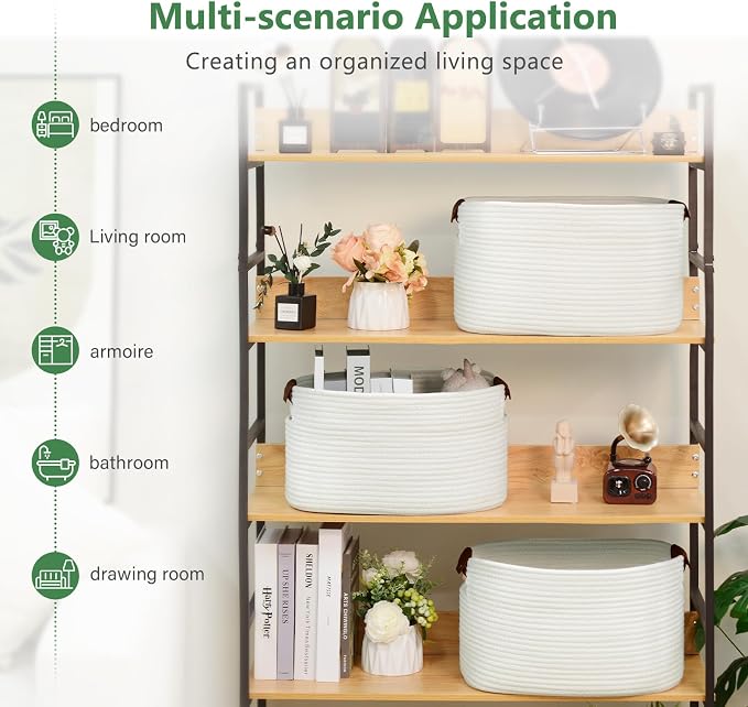 ECDYQXVU 15x10x9 Woven Cotton Rope Storage Basket, Leather Handles 2 Pack | Foldable Design, Sturdy PU Handles, Easy to Clean Organizer for Living Room, Closet, Shelves, Bedroom, Laundry, Clothes