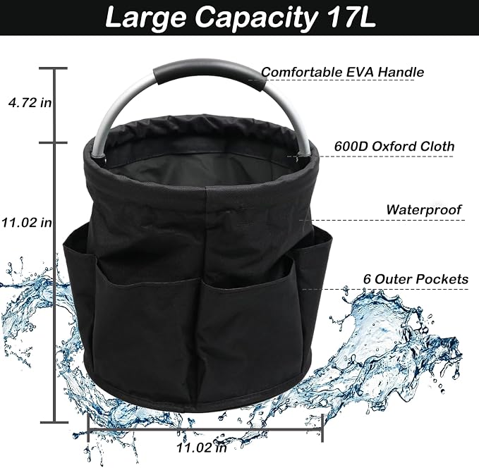 17L Foldable Cleaning Caddy with Handle, Cleaning Supplies Organizer Storage Basket with 6 Side Pockets, Portable Multi Cleaning Bucket Bag for Home Garden Bathroom Camping (Black)