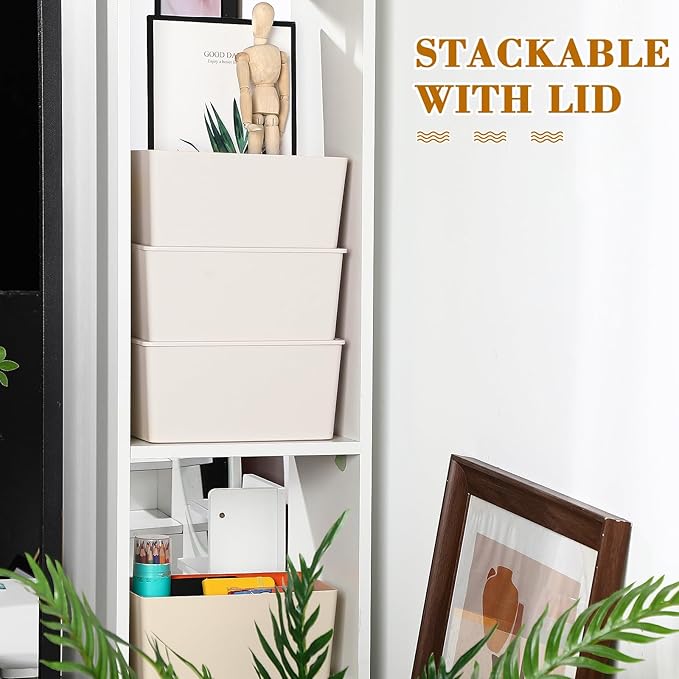 Menkxi 4 Pcs Storage Bins with Lids Plastic Stackable Containers for Organizing Shelves Christmas Ornament Box Baskets(Beige,Small)