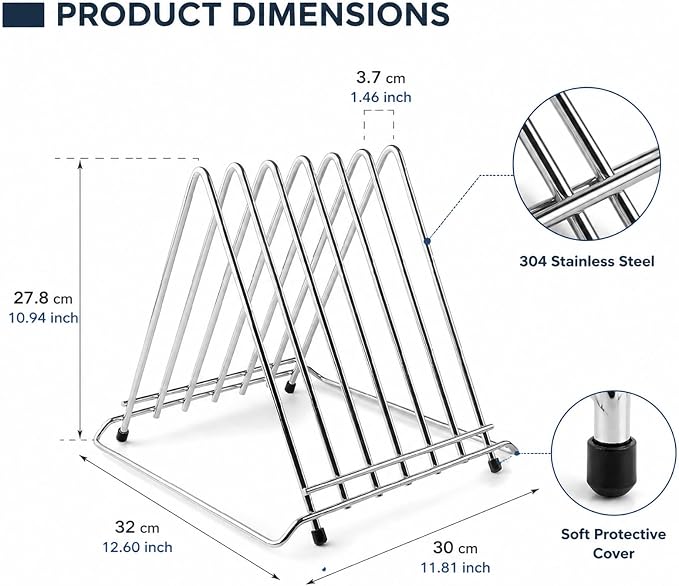 Stainless Steel Cutting Board Holder, 6-Slot Countertop Stand | 304 stainless steel, 6-slot organizer, heavy-duty, fits boards up to 1.4in (3.7cm) thick, not for pot lids