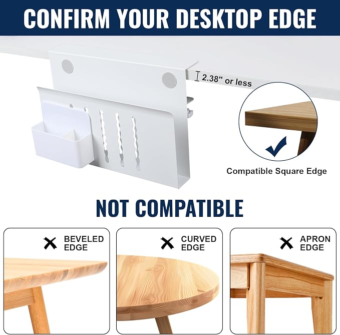 Desk Side Storage, Under Desk Hanging Storage | Standing Desk Organizer with Magnetic Pen Slot, No Drill Clamp to 0.5-2.38" Desks, 22 Lbs Carbon Steel (White)
