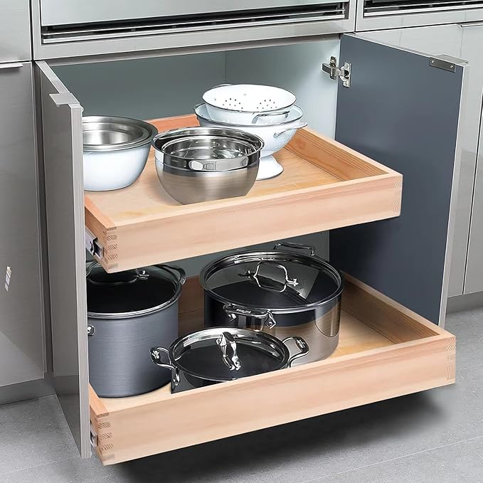 Mulush 20”W x 21”D x 3”H Soft Close Slide Out Wood Drawer Organizer for Kitchen, (Cabinet Width>20.5 inches for Bottom Assembly, Width= 20 inches for Side Assembly)