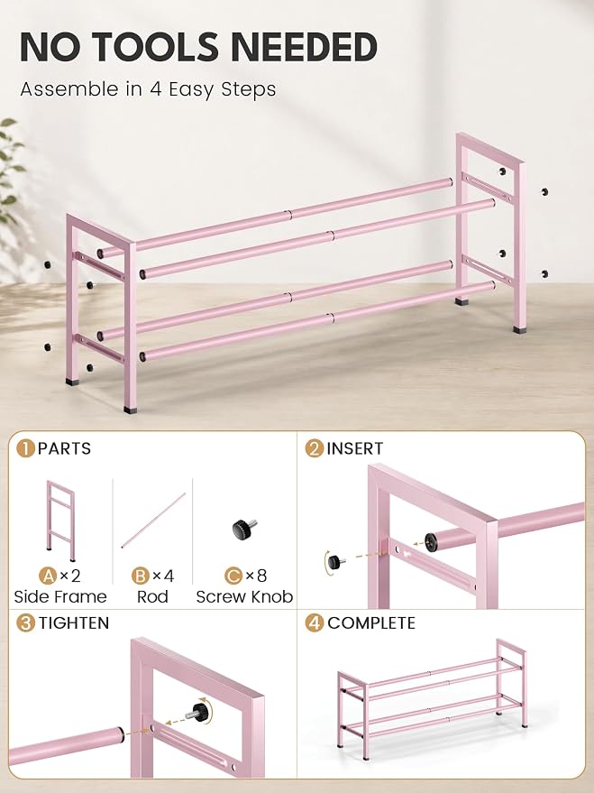 Bumusty 2-Tier Expandable Shoe Rack for Closet, 18“-33” Adjustable Shoe Rack for Small Space, Small Shoe Organizer for Front Door, Sturdy Metal, Pink