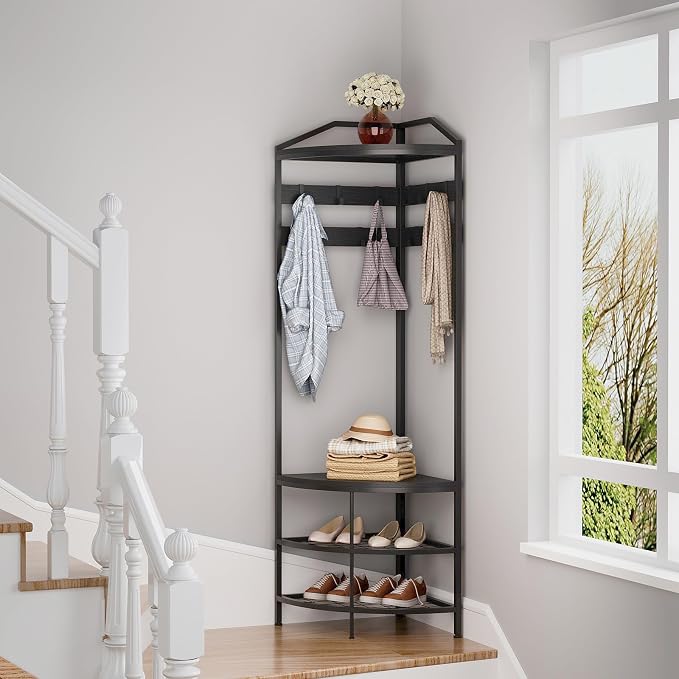 GiftGo Corner Hall Tree with Shoe Bench Entryway Coat Rack with 10 Metal Movable Hooks Freestanding Clothes Rack Shoes Shelf Organizer for Home Office Bedroom (Black)