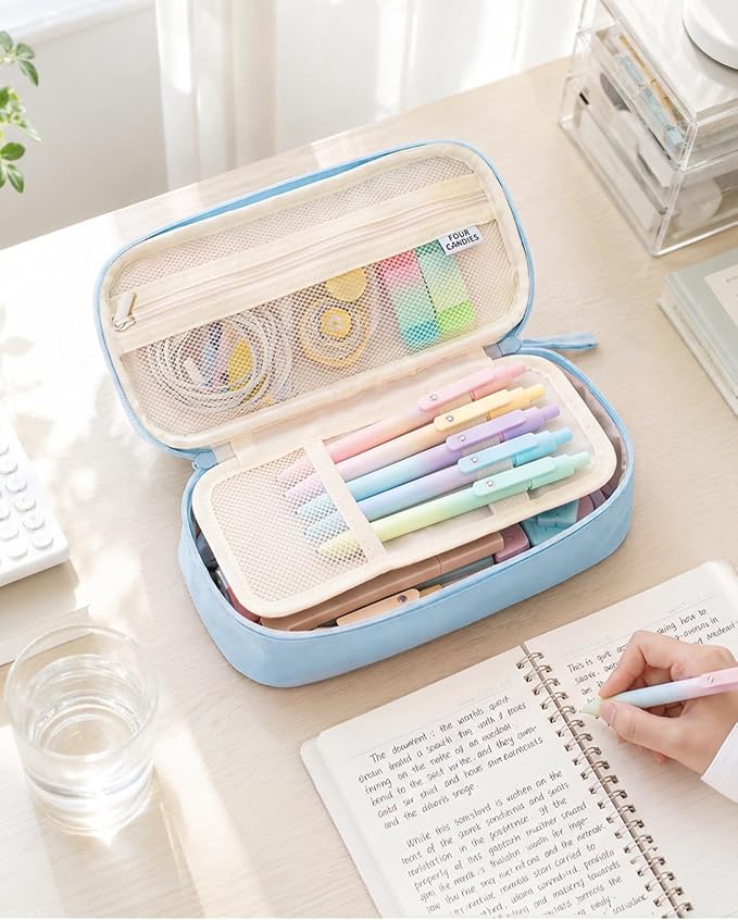Four Candies Pencil Case,Large Capacity Pencil Pouch—Portable Marker Holder Bag for Home & Office, Soft Supply Organizer (Blue)