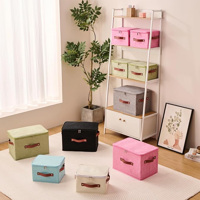 Storage Bin Box with Zippered Lid Cotton Linen Fabric Decorative Basket with PU Leather Handles PP Plastic Board Foldable Lidded Clothing Shelf Closet Organizer Container (Black, Small)