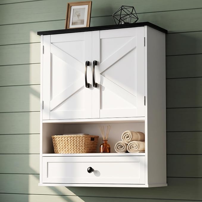 Farmhouse Bathroom Wall Cabinet, 30" x 24" Wall Mounted Storage Cabinet with Barn Door and Drawer, Over Toilet Bathroom Organizer for Bathroom, Laundry Room