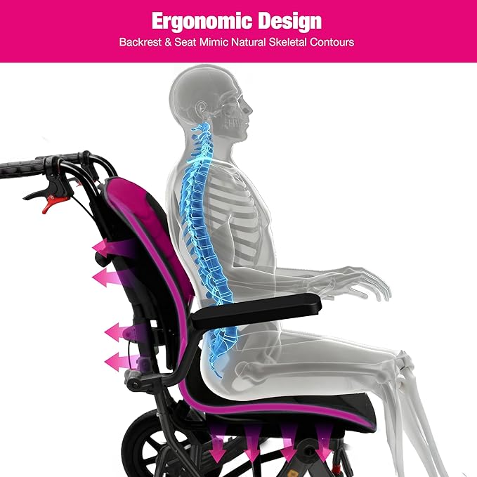 Wheelchairs for Adults Ergonimic Transport Chair Lightweight Foldable with Telescopic Handle 11-inch Big Wheels for All Terrains Travel Wheelchair with Removable Cushion