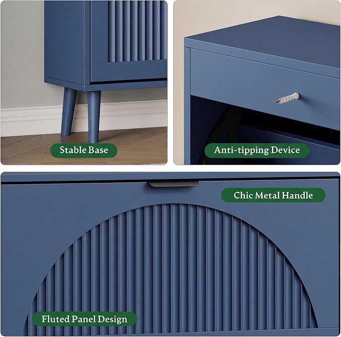 Xixini Shoe Storage Cabinet with 3 Flip Drawers, 50" Tall Narrow Wood Fluted Shoe Organizer for Entryway, Freestanding Wooden Hidden Slim Shoe Rack for Front Door Entrance, Hallway, Foyer, Navy Blue