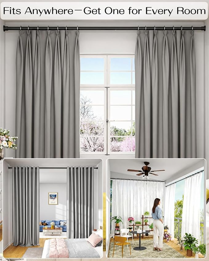 Tension Curtain Rod by EZFurni, 2 Sets 42-123 Inches, Heavy Duty Tension Rods for Windows, No Drilling Adjustable Curtain Rod for Patio, Hold Up Blackout Curtains and Non Slip, Black