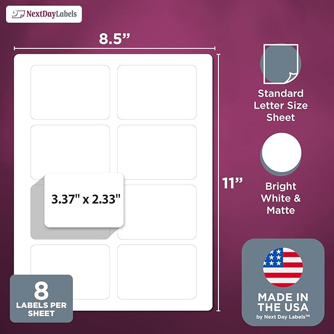 NextDayLabels 3.38x2.33 Inch Rectangle Stickers White Blank Labels for Laser Inkjet Printer - 8 Per Sheet Self-Adhesive Shipping Address Mailing Made in USA - 200 Labels