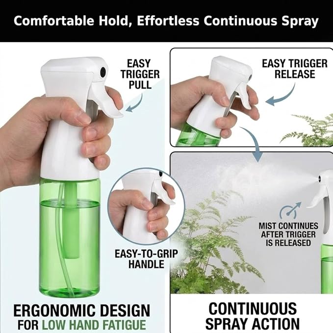 VIGOR PATH Continuous Mist Green Spray Bottle 200ml Fine Mist for Hair | Aerosol Free Reduces Hand Fatigue Salon Refillable Lightweight Cleaning
