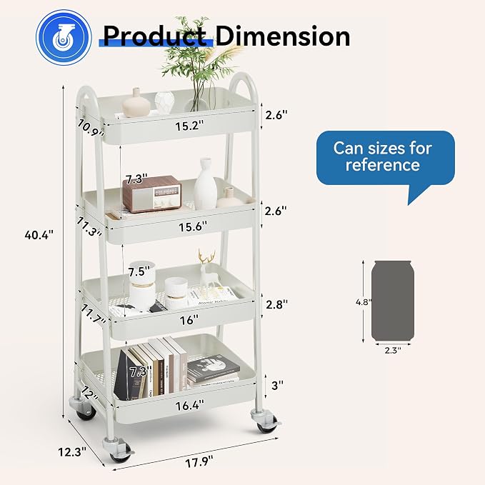 NEWBULIG 4-Tier Metal Rolling Storage Cart, Heavy Duty Mobile Utility Organizer Shelf with Lockable Wheels, Multifunctional Trolley for Daily Supplies, Home Indoor Daily Use, White