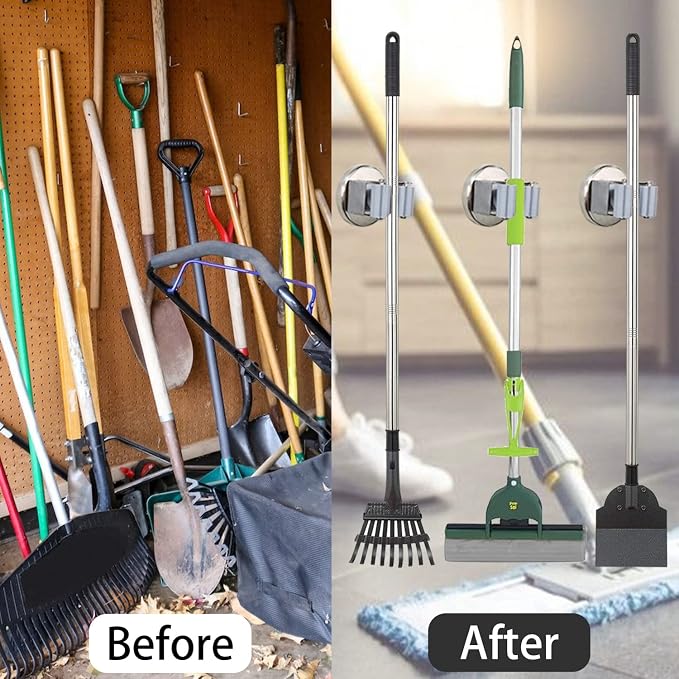 MUTUACTOR Magnetic Broom Holders,2pcs Anti-Broken Heavy Duty Magnetic Clips Wall Mount,No Drilling 10lbs Magnetic Hooks Broom Mop Brackets for Work Cargo Garage Laundry Work Van Accessories
