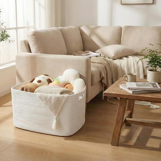 JMvicyroam Woven Blanket Basket,96L Large Storage Bin for Blankets Toys Clothes,Decorative Rope Basket for Living Room Bedroom with Handles, White