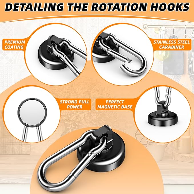 FINDMAG Magnetic Hooks with Swivel Carabiner, 70LBS Neodymium Magnet Hooks Heavy Duty, Strong Magnetic Hooks for Hanging Magnet with Hook for Kitchen, School, Warehouse, Home (6Pack)