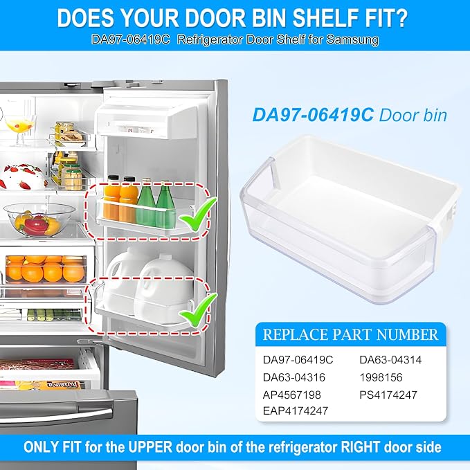 [2 PACK] UPGRADED DA97-06419C Refrigerator Door Bin Shelf Right Compatible with Samsung Refrigerator Door Shelf Parts DA63-04314 DA63-04316 AP4567198 RFG293HARS RFG297HDRS RFG298HDRS Door Shelf