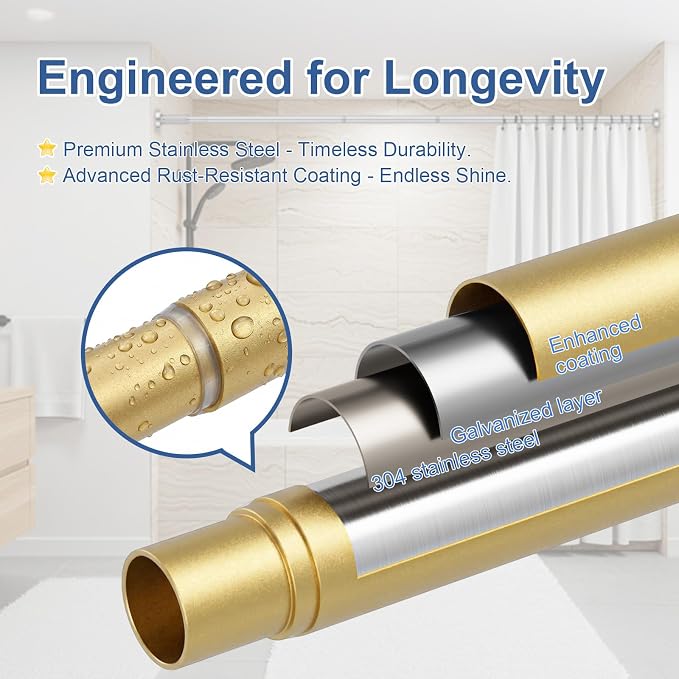Tension Curtain Rod 32-90Inch Gold Spring Rods Adjustable Curtain Rods no Drilling Outdoor Tension Rod for Patio, Windows,Closets,Doorway,