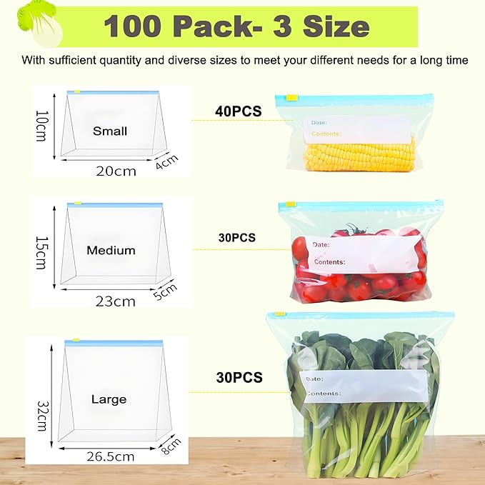 100 Pcs Food Storage Freezer Bags, 3 Sizes Zip Lock Bags, Reusable Ziplock Bags Sandwich Bags with Expandable Bottom, Heavy Duty Zip Seal Food Bags for Fruits, Vegetables, Meat, Grains, Snacks