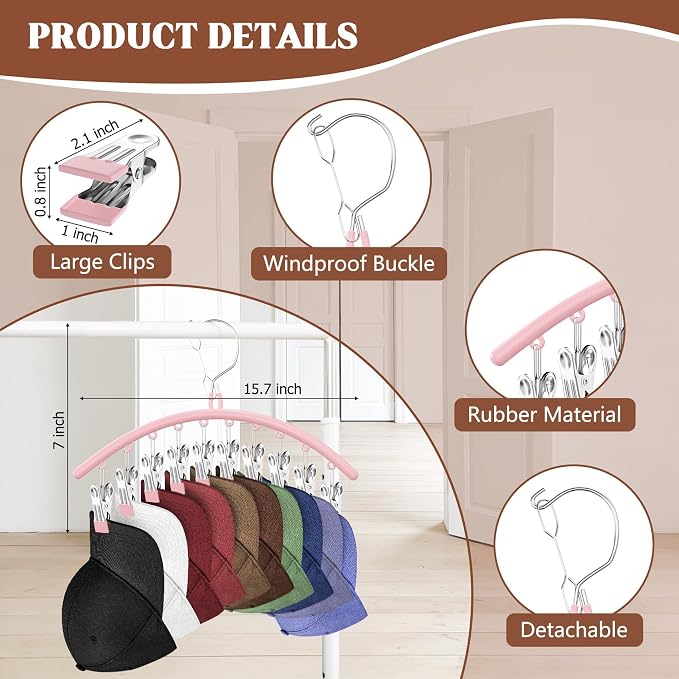 3 Pack Hat Hangers for Closet, Metal Hat Organizer for Baseball Caps | Hats Rack Holder for Closet with 30 Clips, Hats Storage for Baseball Caps Beanie Accessories Men Women, Pink