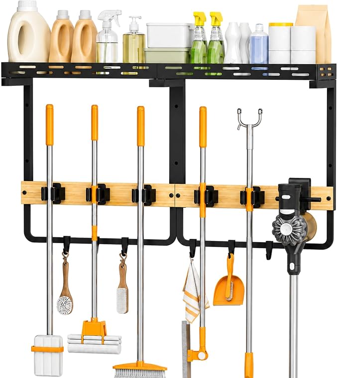 Large Broom Holder Wall Mount with Shelf, Mop Tool Organizer | 5 grippers, 6 hooks, vacuum slot, bamboo board, spray bottle tray, garage utility use