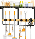 Large Broom Holder Wall Mount with Shelf, Mop Tool Organizer | 5 grippers, 6 hooks, vacuum slot, bamboo board, spray bottle tray, garage utility use
