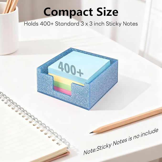 Acrylic Sticky Note Holder 4x4in Tray for Desk, Blue Glitter | Sparkling glitter acrylic tray, fits 3x3 sticky notes, compact organizer for office school and home