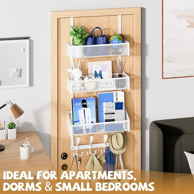 Kaiferty Over The Door Hooks Organizer, Coat Rack Over The Door Storage Hanger Towel Rack, Back of Door Storage Organizer for Bathroom,Bedroom,Kitchen,Office (White, 4-Tier)