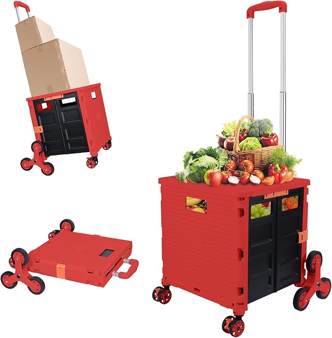 FELICON SELORSS Folding Utility Cart Portable Rolling Crate Handcart with Stair Climbing Wheels&360°Swivel Wheels Telescoping Handle Plastic Box Dolly for Travel Shop Move Office Teacher Use(Red)