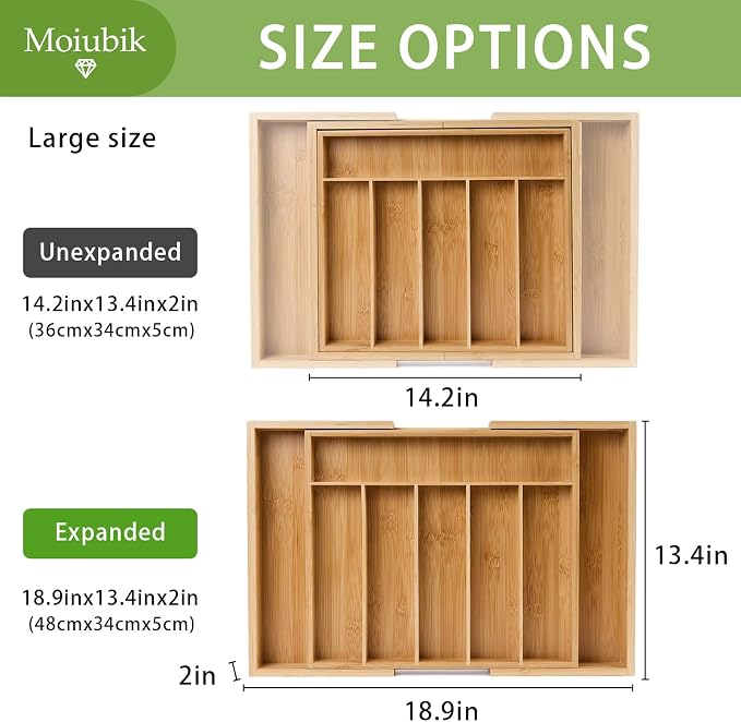 Bamboo Expandable Silverware Drawer Organizer, Adjustable Utensil Tray Cutlery Holder for Kitchen Drawer, Flatware Storage Organizer for Spoons, Forks and Knives, Natural (8 Slot,)